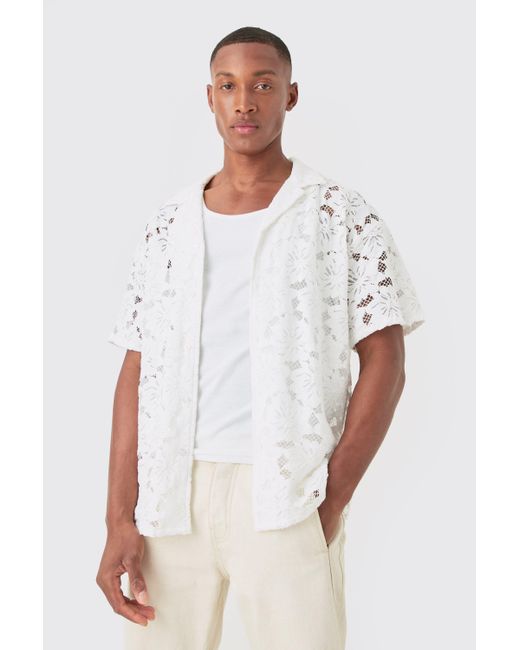 BoohooMAN White Boxy Floral Lace Shirt for men