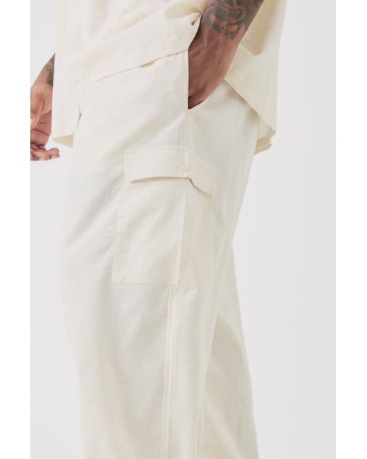 BoohooMAN Plus Elasticated Waist Oversized Linen Cargo Trouser In Natural in White für Herren
