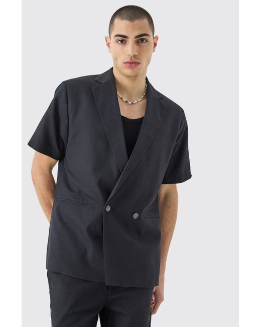 BoohooMAN Mix & Match Linen Blend Short Sleeve Double Breasted Blazer in Black für Herren