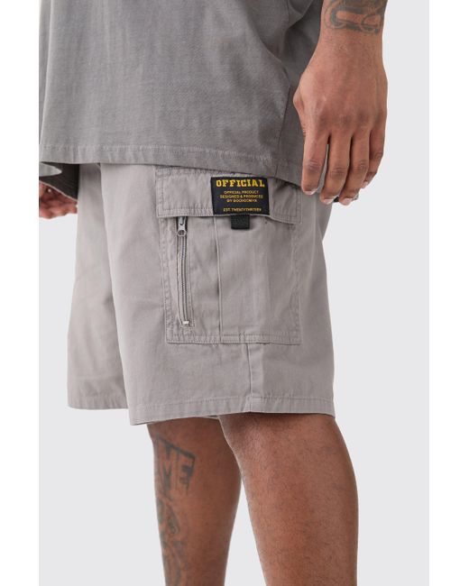 BoohooMAN Gray Plus Fixed Waist Twill Relaxed Cargo Zip Detail Tab Short for men