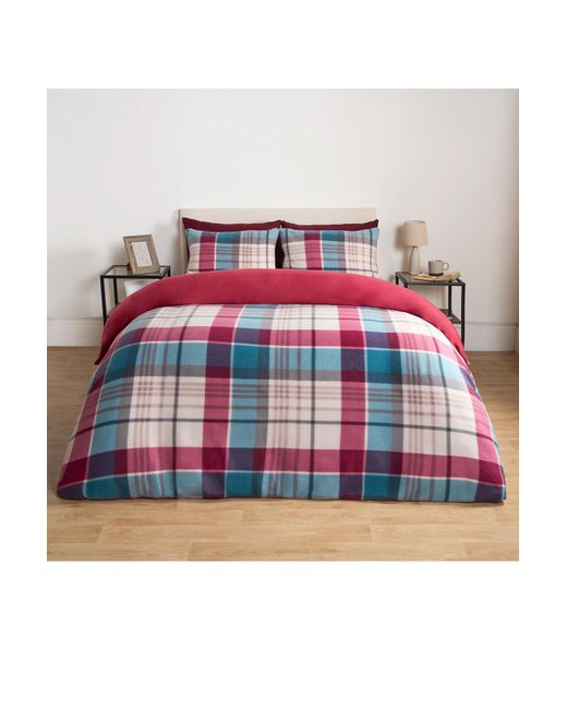 BoohooMAN Red Ohs Check Polar Fleece Duvet Cover Set Reversible Check Tartan Quilt Warm Bedding for men