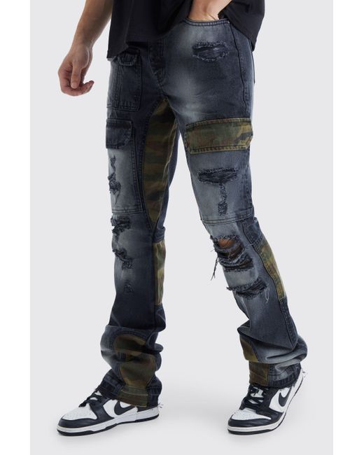BoohooMAN Blue Tall Slim Rigid Flare Camo Repair Cargo Jeans for men