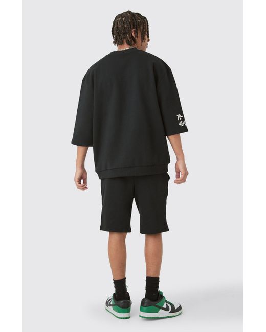 BoohooMAN Black Oversized Graphic Half Sleeve Sweatshirt And Short Set for men