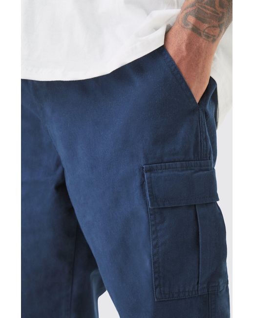BoohooMAN Plus Elastic Waist Twill Slim Fit Cargo Trouser in Blue für Herren