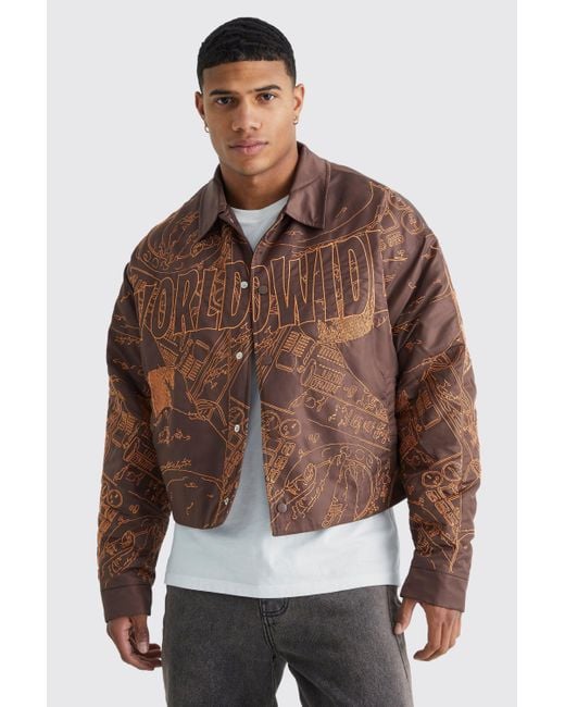 BoohooMAN Brown Boxy Nylon All Over Embroidery Bomber Jacket for men