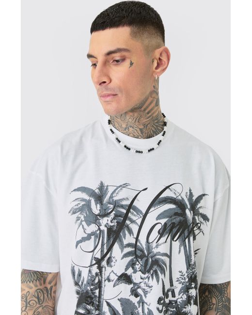 Tall Oversized Palm Renaissance T-Shirt In White Boohoo de color Gray