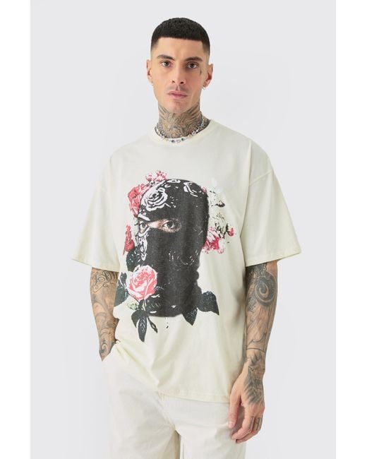 BoohooMAN Multicolor Tall Oversized Floral Balaclava Print T-shirt In Ecru for men