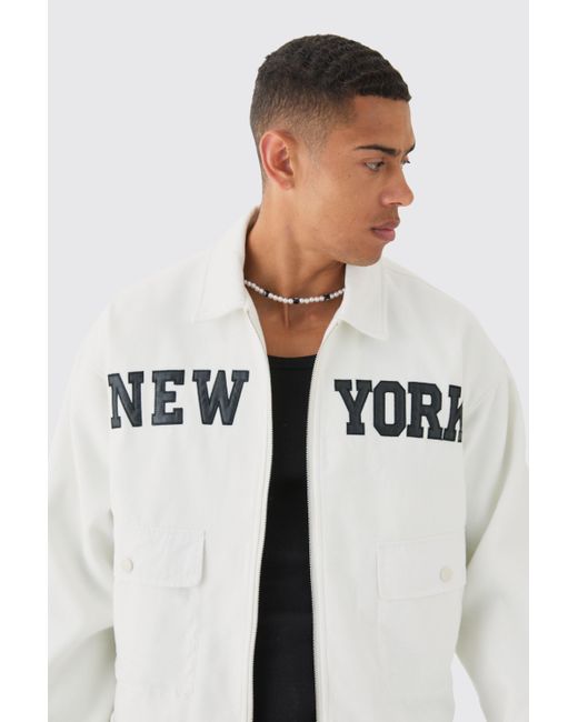 BoohooMAN White New York Varsity Pocket Detail Harrington Jacket for men