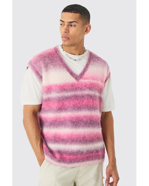 BoohooMAN Regular Knitted Brushed Stripe V Neck Tank In Pink for men
