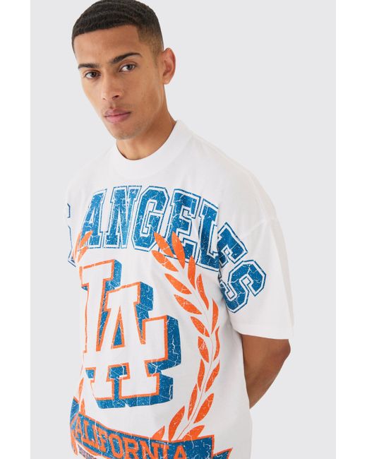 BoohooMAN Blue Oversized Over Seams Varsity Graphic T-shirt for men