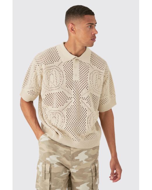 BoohooMAN Natural Oversized Boxy Open Stitch All Over Textured Polo In Stone for men