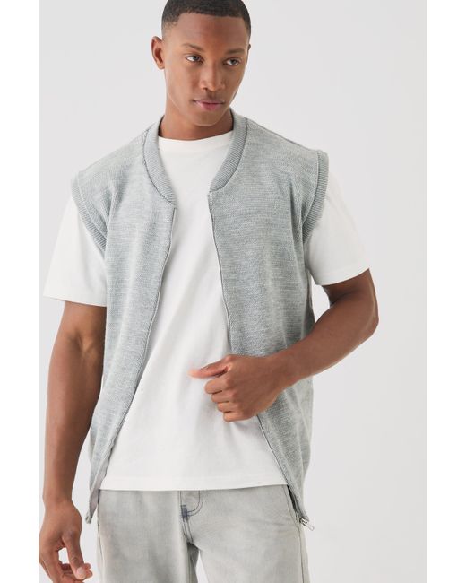 BoohooMAN Gray Sleeveless Knitted Zip Through Bomber Jacket for men