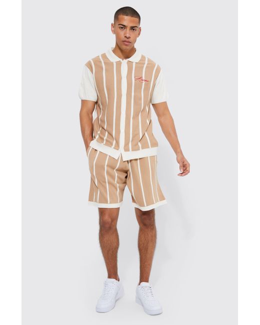 BoohooMAN Stripe Homme Knit Shirt & Shorts Set in White for Men | Lyst UK