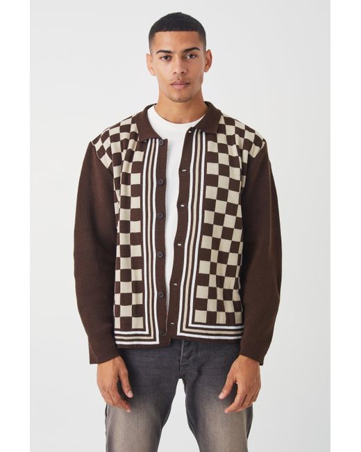 BoohooMAN Brown Oversized Long Sleeve Checkerboard Knit Shirt for men