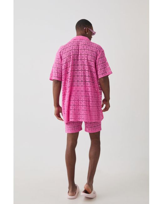 BoohooMAN Pink Oversized Open Weave Lace Shirt & Short Set for men
