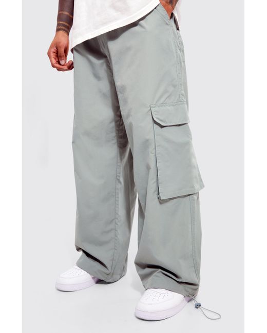 BoohooMAN Elastic Waist Parachute Cargo Trouser in Gray for Men Lyst