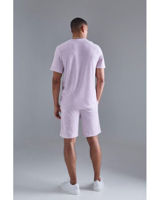 BoohooMAN Regular Fit Towelling Applique T-shirt And Short Set in Purple für Herren