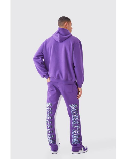 BoohooMAN Purple Relaxed Back Leg Chrome Graphic Gusset Joggers for men