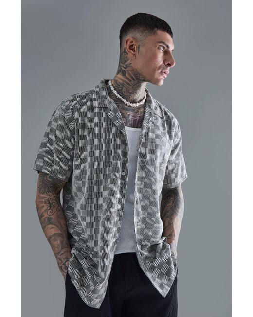 BoohooMAN Tall Short Sleeve Oversized Revere Open Weave Shirt in Gray für Herren