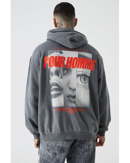 BoohooMAN Gray Tall Oversized Pour Homme Acid Wash Graphic Hoodie for men