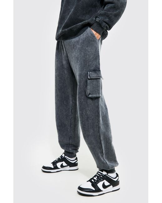 BoohooMAN Tall Oversized Acid Wash Cargo Jogger in Grey (Gray) for Men