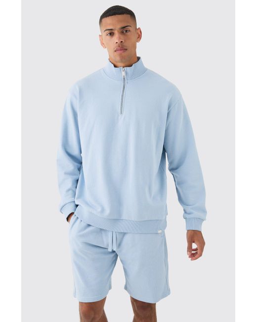 BoohooMAN Oversized Boxy 1/4 Zip Sweatshirt Loopback Short Tracksuit in Blue für Herren