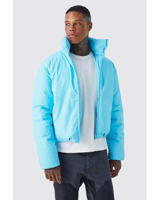 BoohooMAN Blue Boxy Funnel Neck Coated Puffer for men