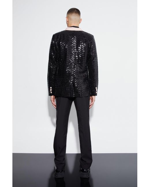 Boohoo Blue Slim Double Breasted Sequin Suit Jacket