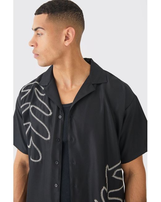 BoohooMAN Boxy Soft Twill Cartoon Leaf Embroidered Shirt in Gray für Herren