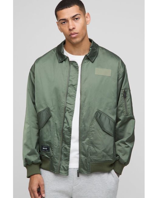 BoohooMAN Oversize Nylon Fliegerjacke mit Kragen in Green für Herren