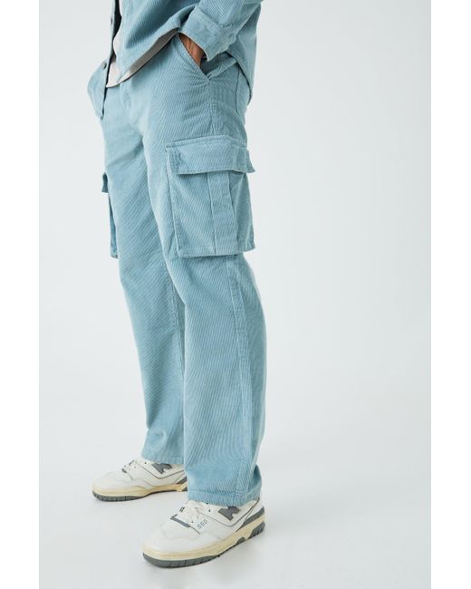 BoohooMAN Blue Relaxed Cargo Cord Pants In Slate for men