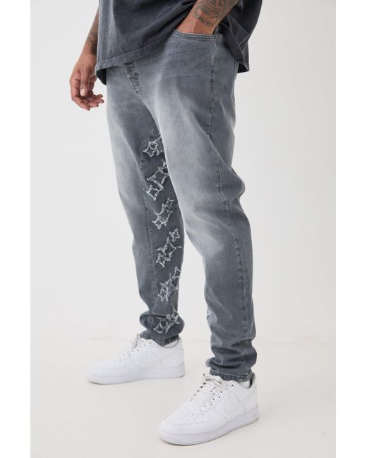 BoohooMAN Blue Plus Skinny Stretch Overdyed Applique Gusset Jeans for men
