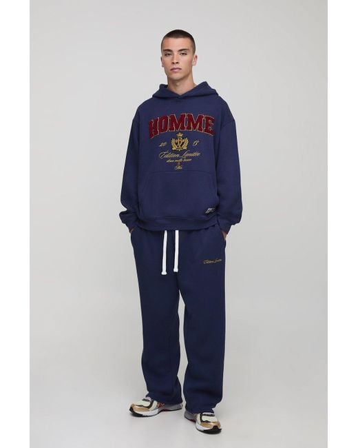 BoohooMAN Blue Oversized Homme Varsity Applique Hooded Tracksuit for men