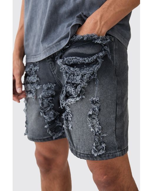 BoohooMAN Blue Relaxed Rigid Extreme Rip & Repair Denim Short Washed Black for men
