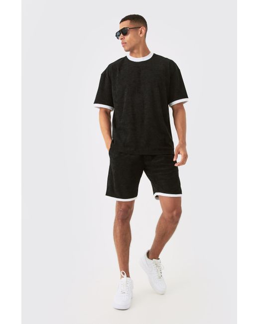 BoohooMAN Black Oversized Extended Neck Contrast Towelling T-shirt for men