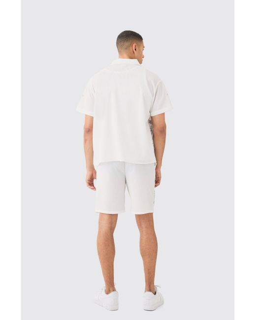 BoohooMAN White Boxy Seersucker Embroidered Floral Shirt & Short for men