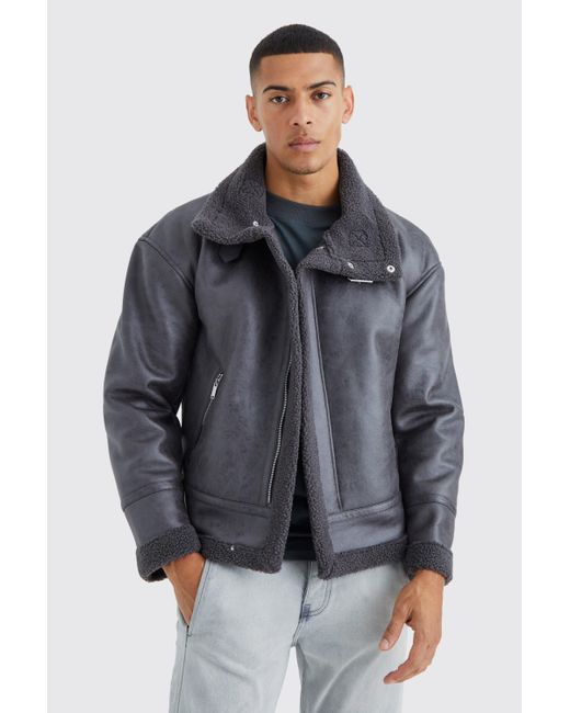 BoohooMAN Boxy Cracked Pu Aviator in Gray for Men Lyst