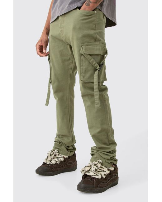 BoohooMAN Green Tall Fixed Waist Slim Stacked Flare Strap Cargo Pants for men