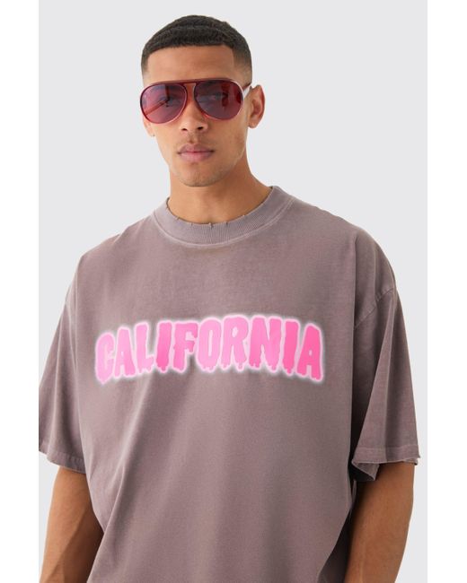 BoohooMAN Pink Oversized Extended Neck Acid Wash Distressed California T-shirt for men