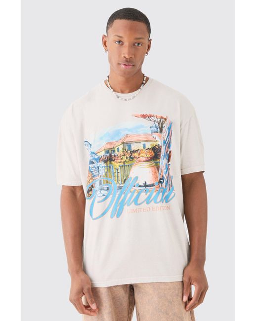 BoohooMAN White Oversized Washed Paint Landscape Print T-shirt for men