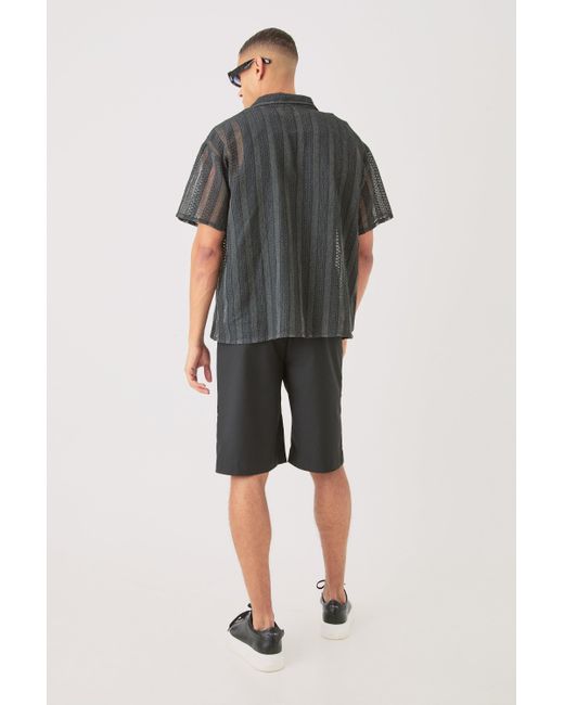 BoohooMAN Gray Boxy Open Lace Stripe Shirt for men