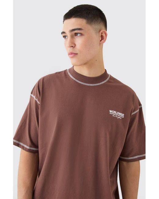 BoohooMAN Oversized Worldwide Contrast Stitch T-shirt in Brown für Herren