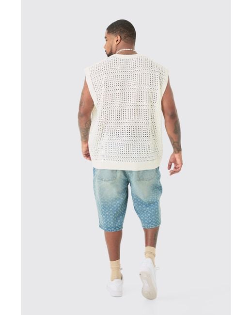 BoohooMAN White Plus Oversized Crochet Knit Sweater Tank In Ecru for men