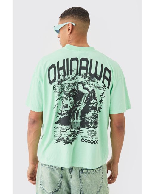 Boohoo Green Loose Fit Extended Neck Okinawa Print Wash T-shirt