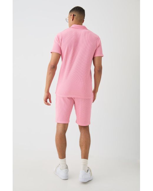 BoohooMAN Slim Waffle Revere Polo And Shorts Set in Pink für Herren