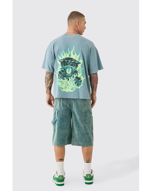 BoohooMAN Green Oversized Extended Neck Boxy Flame Panther Back Print T-shirt for men