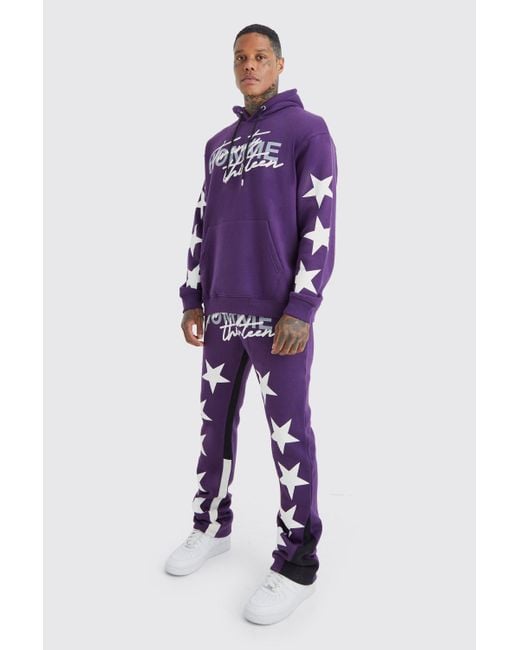 BoohooMAN Purple Oversized Star Homme Print Tracksuit for men