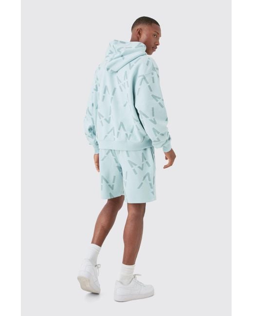 BoohooMAN Blue Oversized Boxy All Over Print Zip Hoodie Short Tracksuit for men