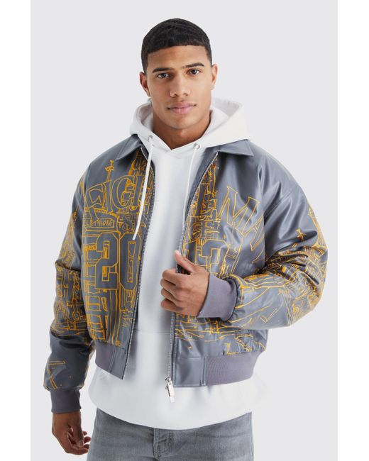 BoohooMAN Gray Boxy Pu Scenic Embroidery Bomber Jacket for men