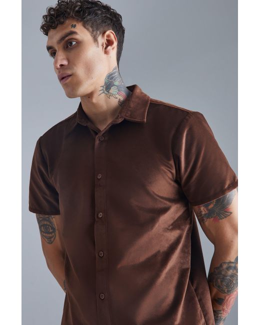BoohooMAN Brown Short Sleeve Velour Shirt for men